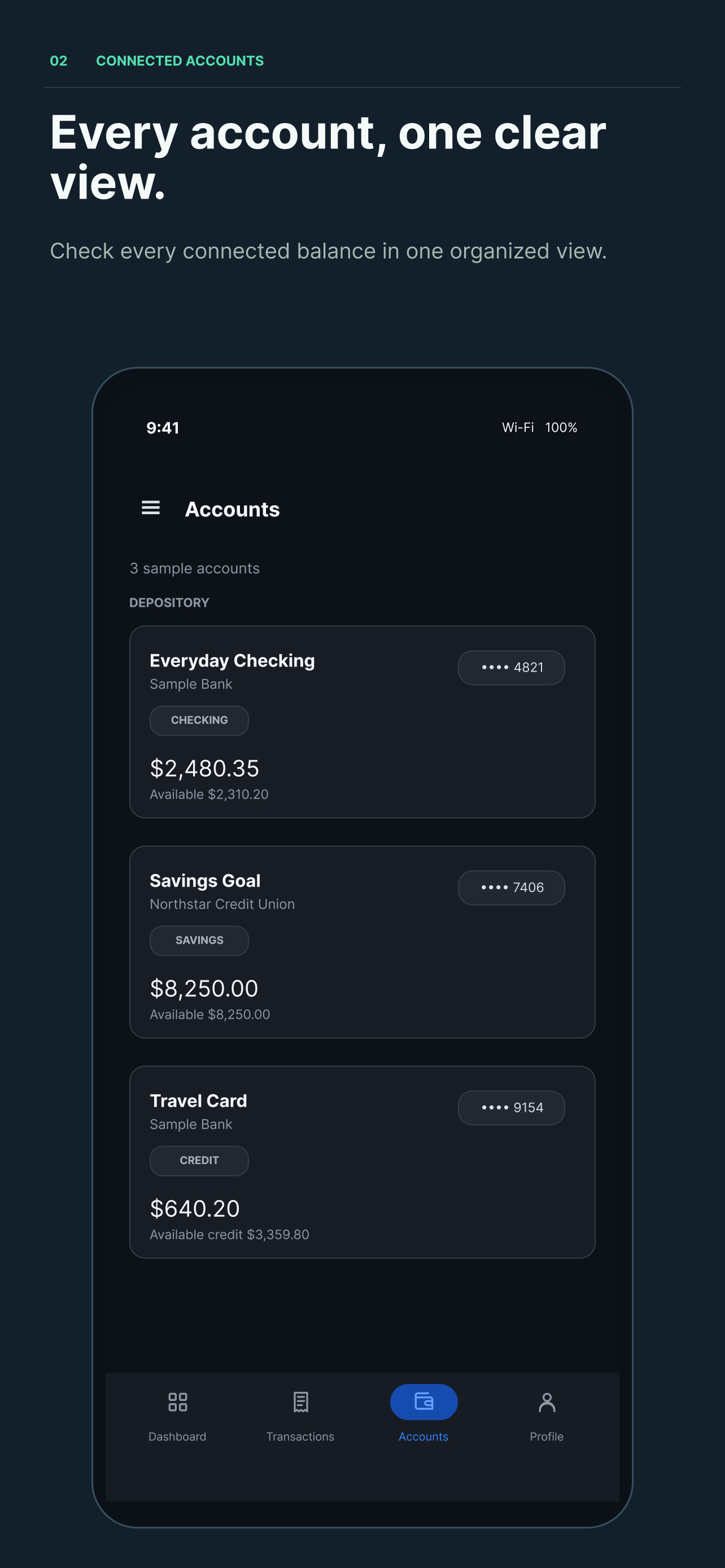 Simple Finance Tracker showing connected accounts in a clear mobile view